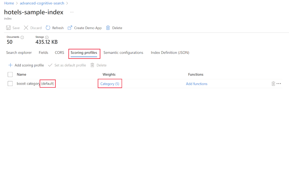 A screenshot of the Azure portal scoring profiles pane.