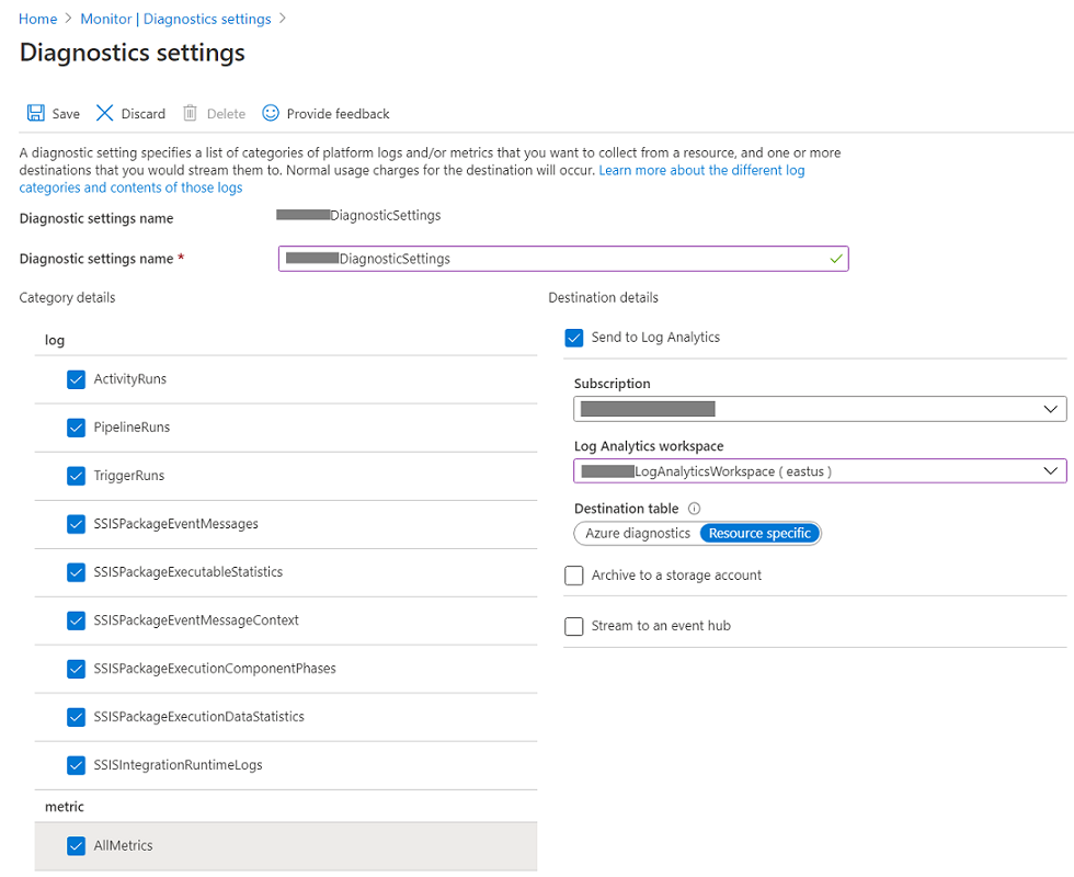 Name your settings and select a log-analytics workspace