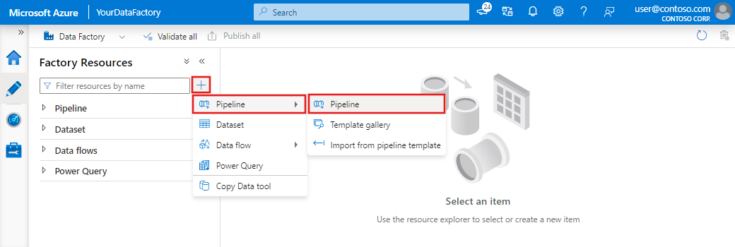 Screenshot that shows the Create pipeline option highlighted.