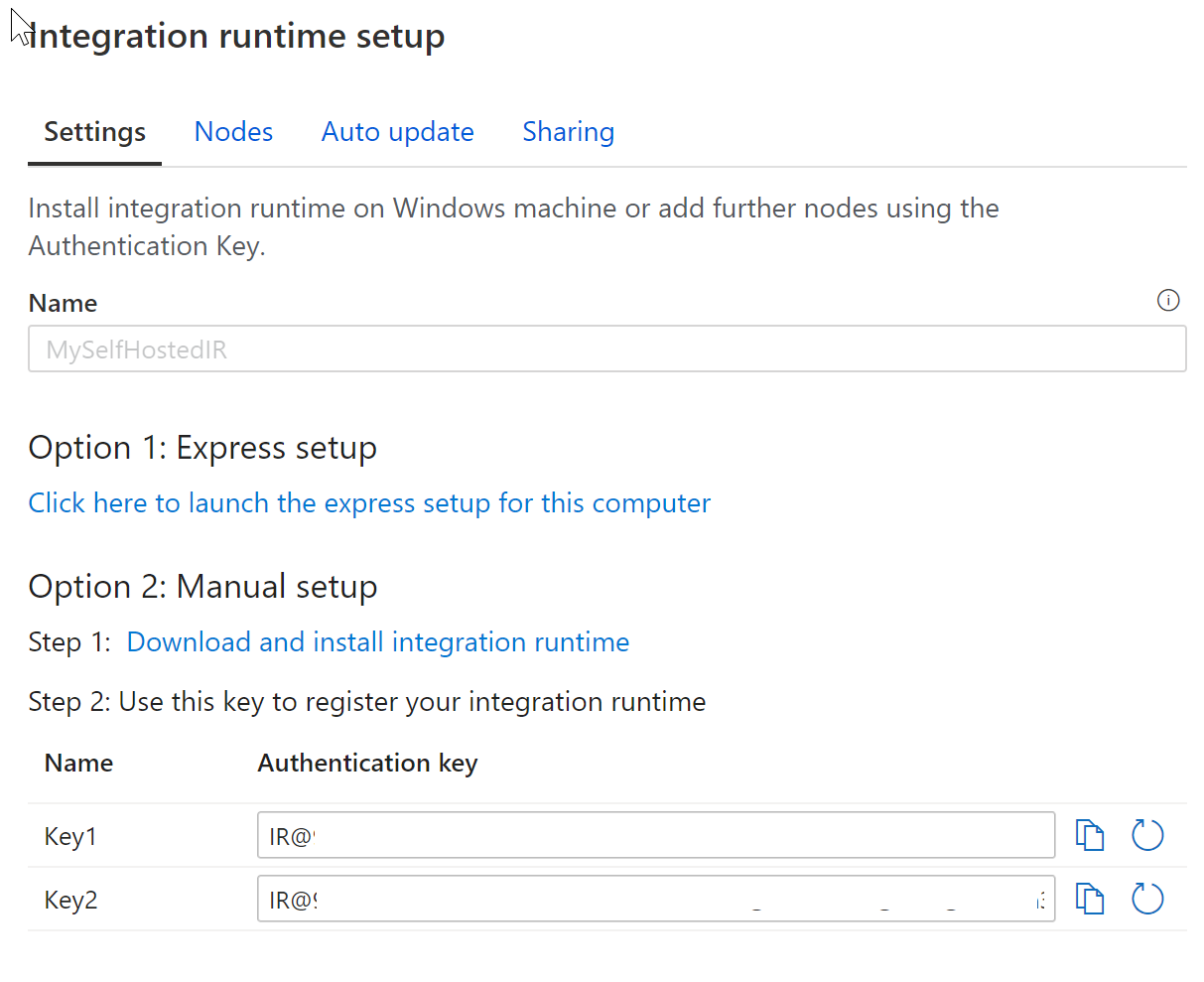 Integration runtime setup keys