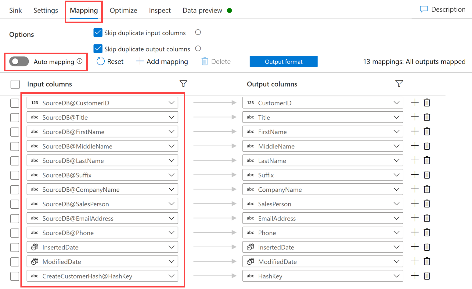 Mapping settings are configured as described.