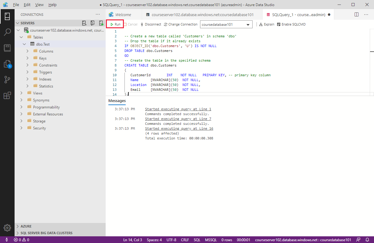 Az Azure Data Studio lekérdezéspanelje, amely egy SQL-szkript futtatásának eredményeit jeleníti meg