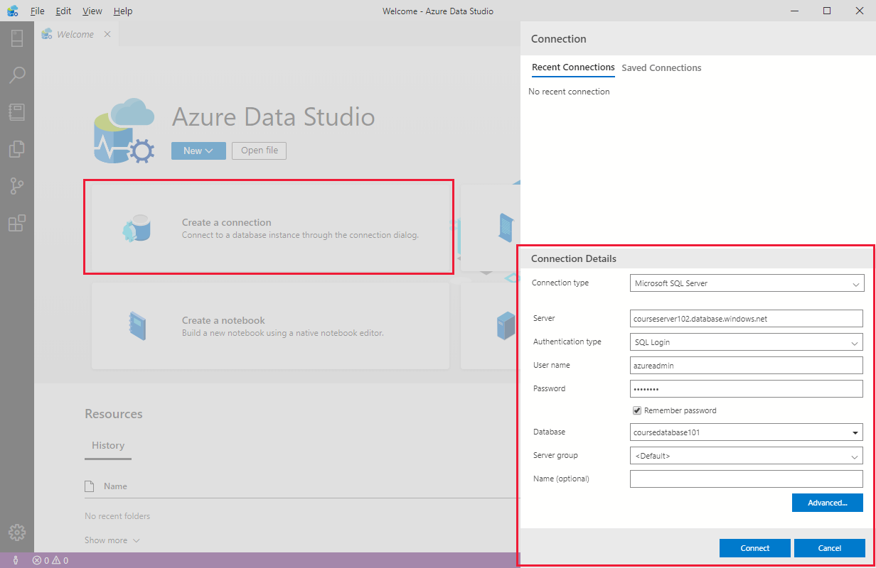Azure Data Studio – Új kapcsolat létrehozása