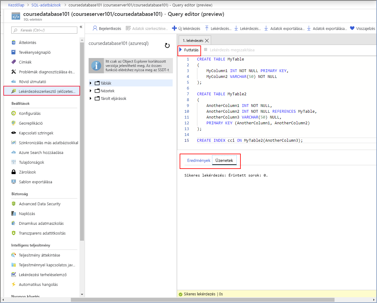 A lekérdezésszerkesztő az Azure Portalon a különböző panelek kiemelésével