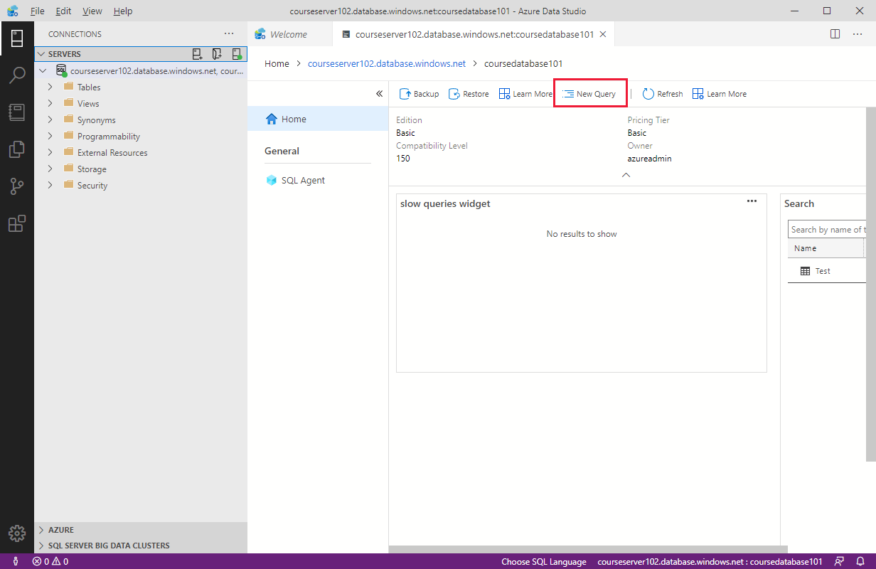 A SERVERS oldalsáv az Azure Data Studióban