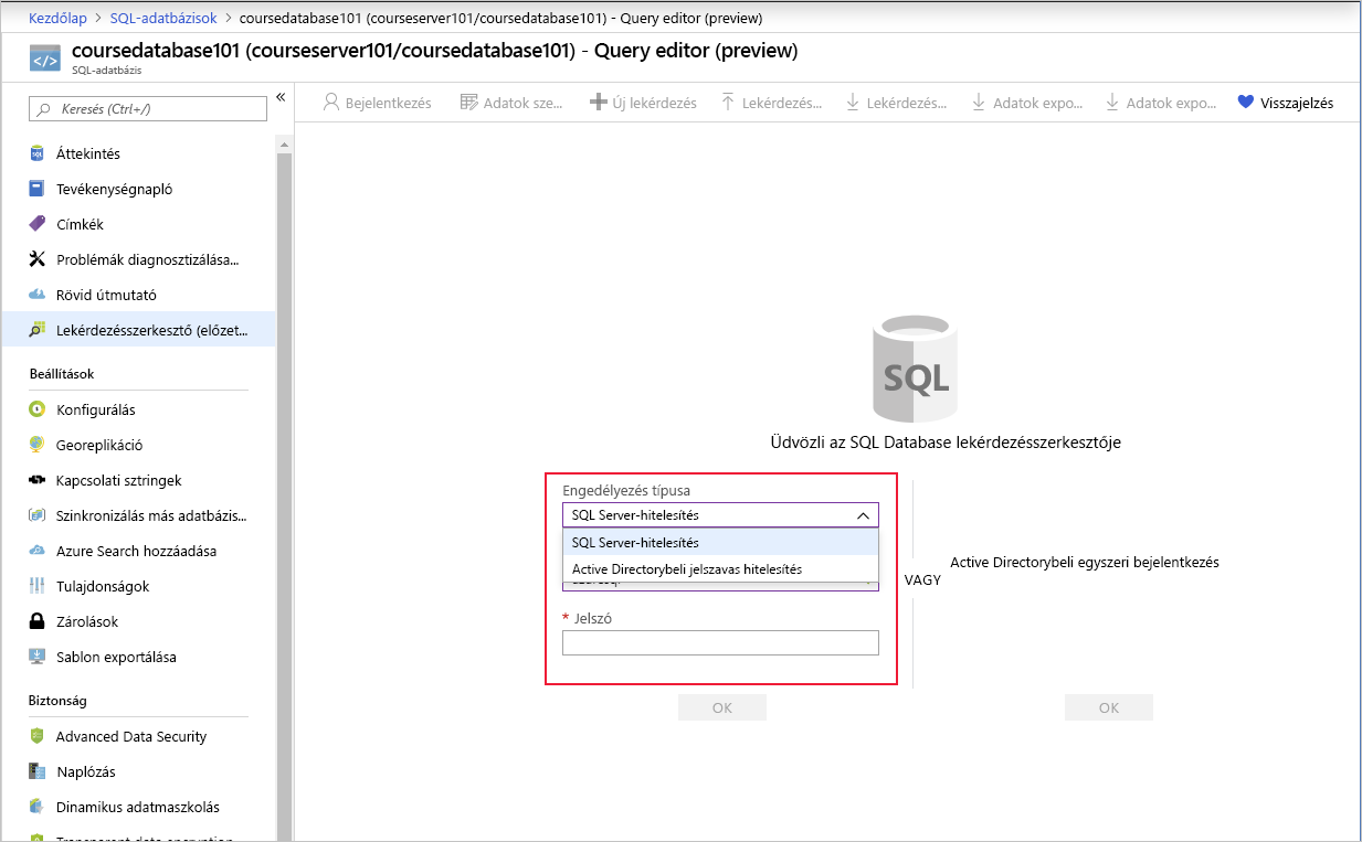 Az SQL Database bejelentkezési lapja az Azure Portalon