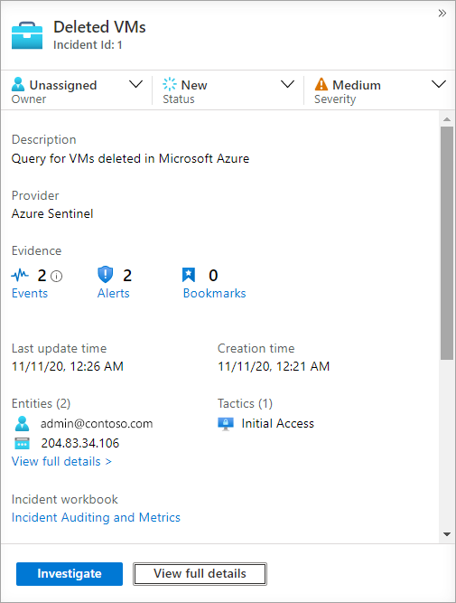 Screenshot of the incident details pane.