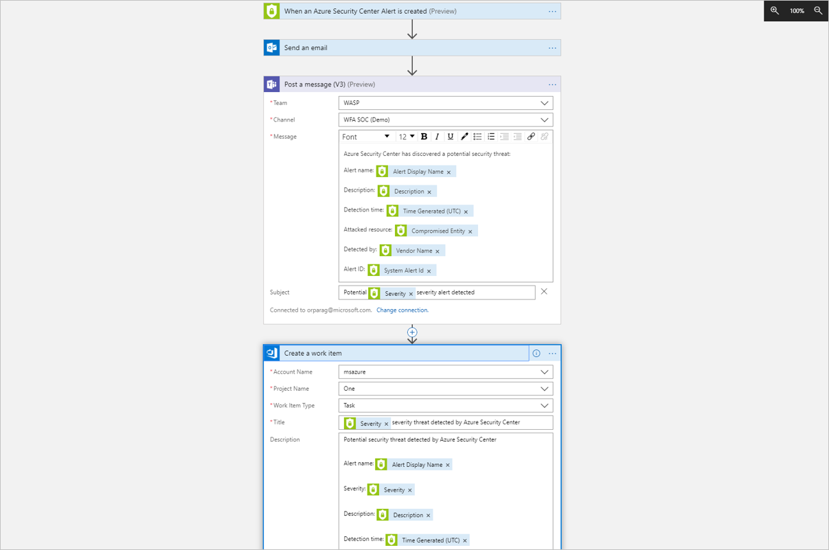 Screenshot of the Logic App U I and a sample logic app.