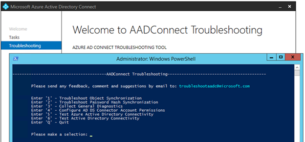 Screenshot of the Microsoft Entra Connect Troubleshooting screen.