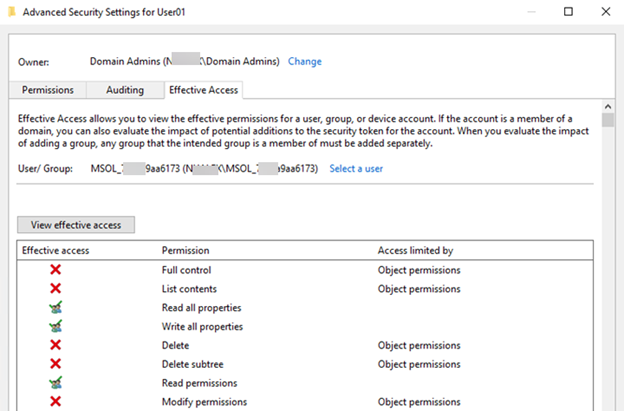 Screenshot shows information under the Effective Access tab in Advanced Security Settings window.