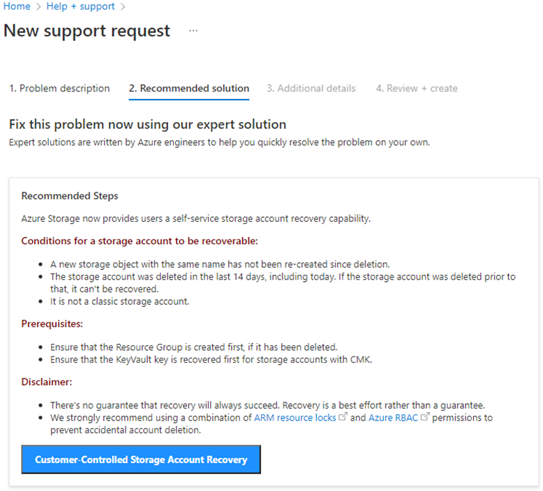 Screenshot of the Customer-Controlled Storage Account Recovery button.