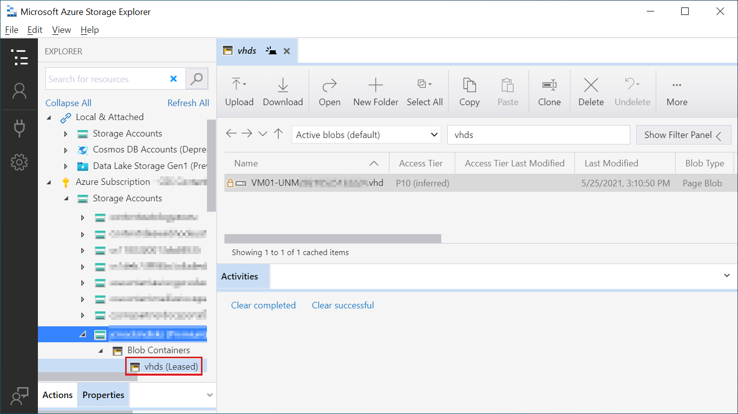 Screenshot of Azure Storage Explorer with the storage accounts container and the v h d s leased container both highlighted in the navigation tree.