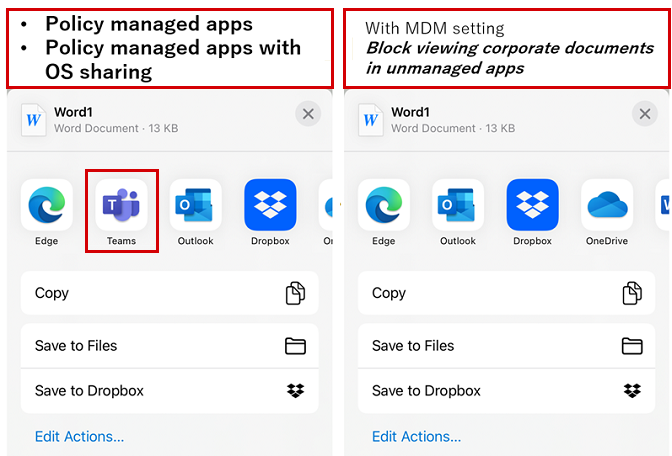 An example showing how the Teams app doesn't appear in the iOS Share extension when it is not deployed with Intune.