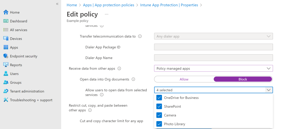 Dropdown options for 'Allow users to open data from selected services' in the admin center.