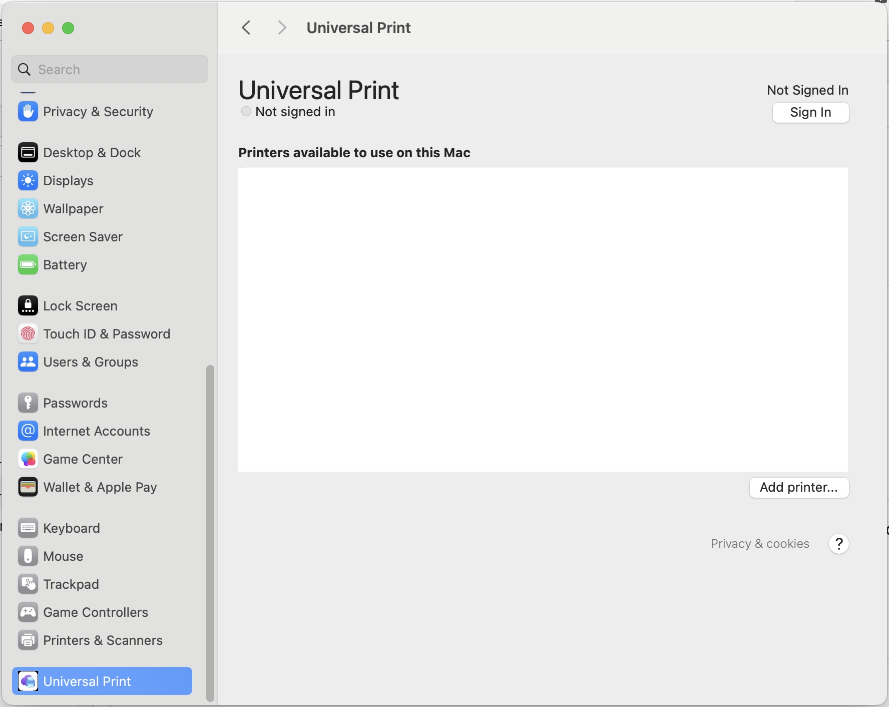 Képernyőkép a System Gépház alkalmazásról, amelyen a Universal Print van kiválasztva