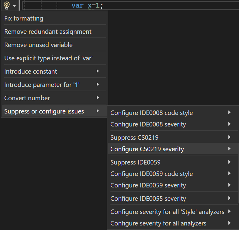Képernyőkép a szabály súlyosságának konfigurálásáról a Visual Studio 2022 villanykörte menüjéből.