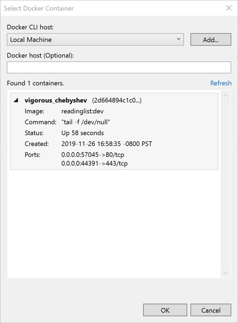 Screenshot of select Docker Container Menu.