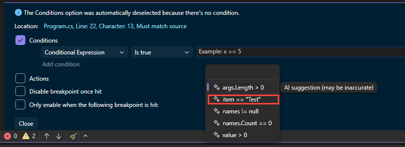 A Copilot feltételes töréspontra vonatkozó javaslatának képernyőképe.