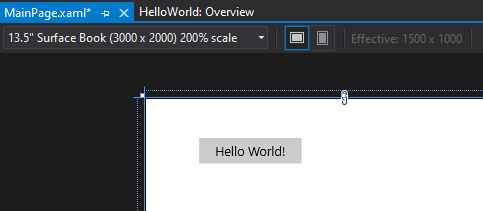 Screenshot showing the Button control on the canvas of the XAML Designer. The label of the button has been changed to 'Hello World!'.