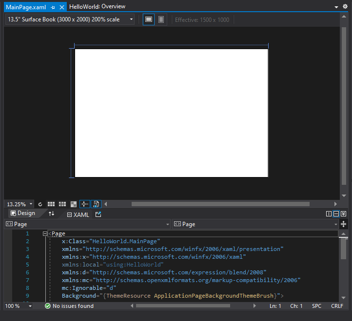 Screenshot showing MainPage.xaml open in the Visual Studio IDE. The XAML Designer pane shows a blank design surface and the XAML Editor pane shows some of the XAML code.