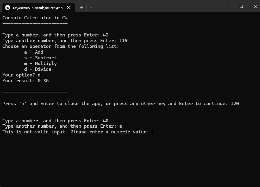Képernyőkép egy konzolablakról az újrabontású Számológép alkalmazással.