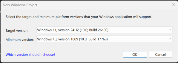 Képernyőkép az Új Windows-projekt párbeszédpanelről, amelyen az alapértelmezett célverzió és minimális verzióbeállítások láthatók.