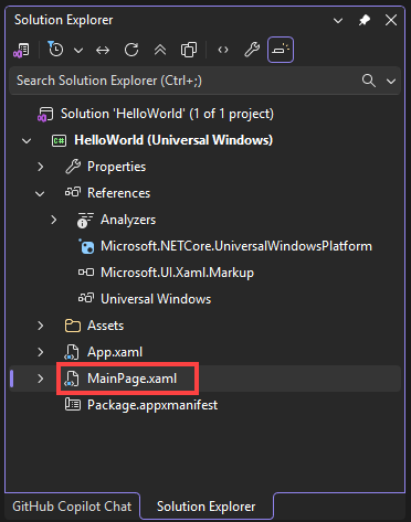 A Megoldáskezelő ablak képernyőképe, amelyen a HelloWorld projekt tulajdonságai, hivatkozásai, eszközei és fájljai láthatók. A MainPage.xaml fájl ki van jelölve.