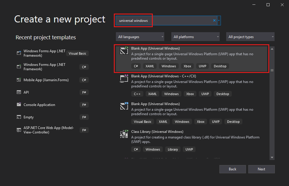 Screenshot of the 'Create a new project' dialog with 'universal windows' entered in the search box, and the 'Blank App (Universal Windows)' project template highlighted.