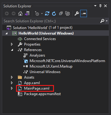 Screenshot of the Solution Explorer window showing the properties, references, assets, and files in the HelloWorld project. The file MainPage.xaml is selected.