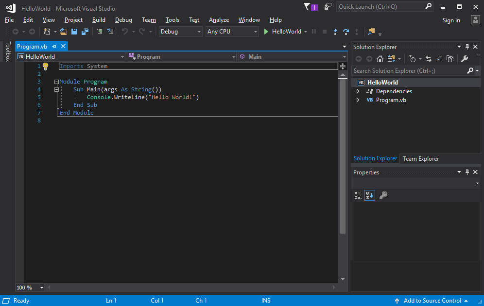 Visual Studio IDE-t bemutató képernyőkép.