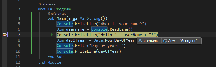 Olyan képernyőkép, amely hibakeresés során változó értéket mutat a Visual Studio-ban.