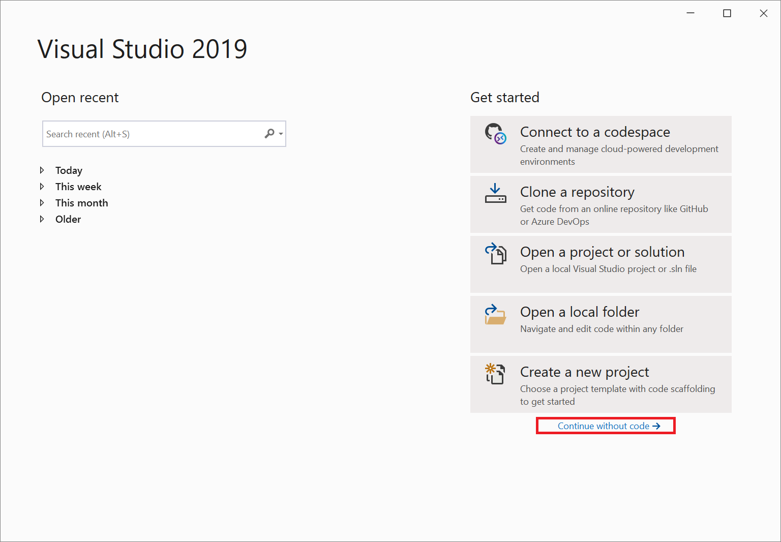 Képernyőkép a Visual Studio 2019 Start ablakáról a 