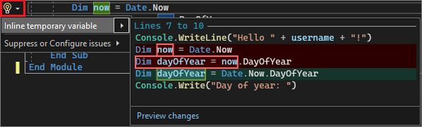 Képernyőkép az Ideiglenes beágyazott változó javaslatról a Visual Studióban.