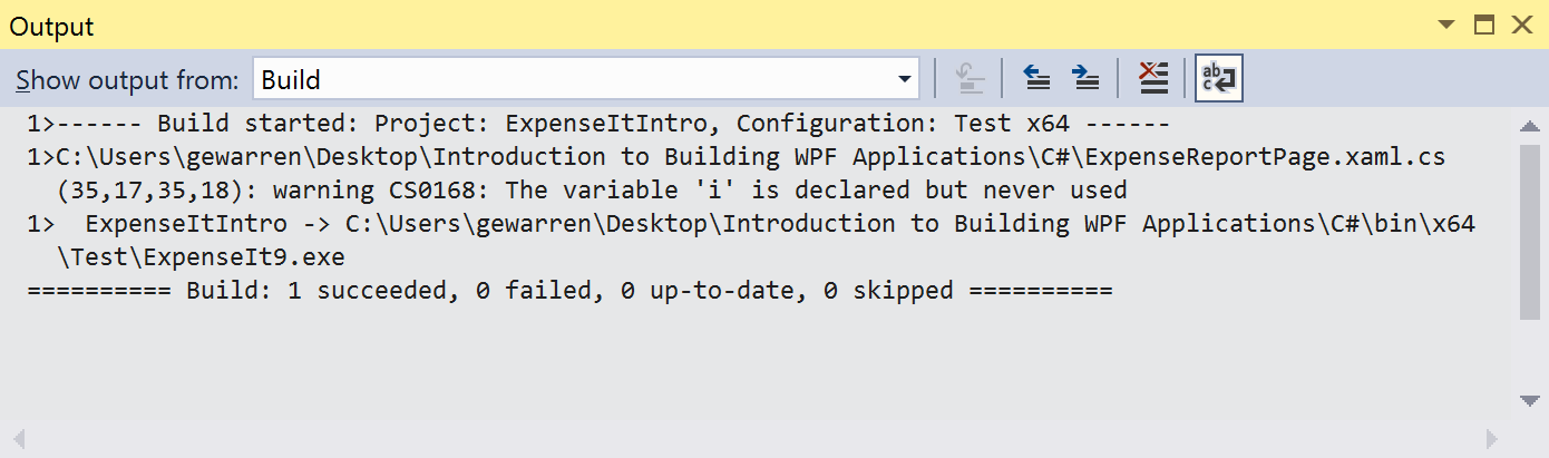 Screenshot of build warning in Output Window for C#.