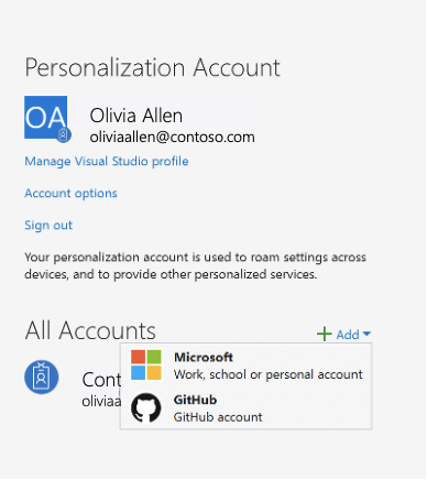 Screenshot showing how to select and add a GitHub account.