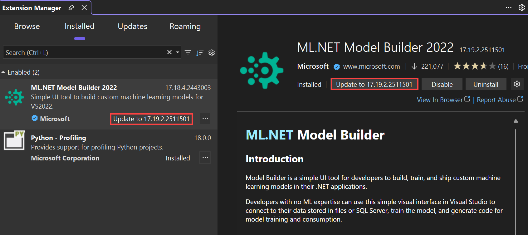 Képernyőkép arról, hogy a Visual Studio hogyan értesíti Önt az elérhető bővítményfrissítésekről.