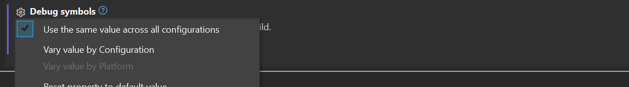 Képernyőkép arról, hogyan szabályozható, hogy egy buildbeállítás konfiguráció szerint változik-e.