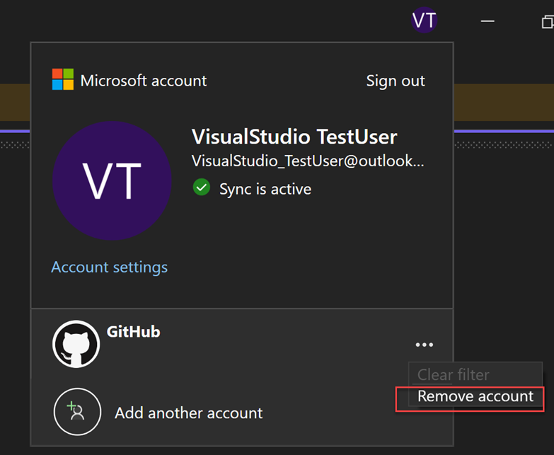 Fiók eltávolításának képernyőképe.