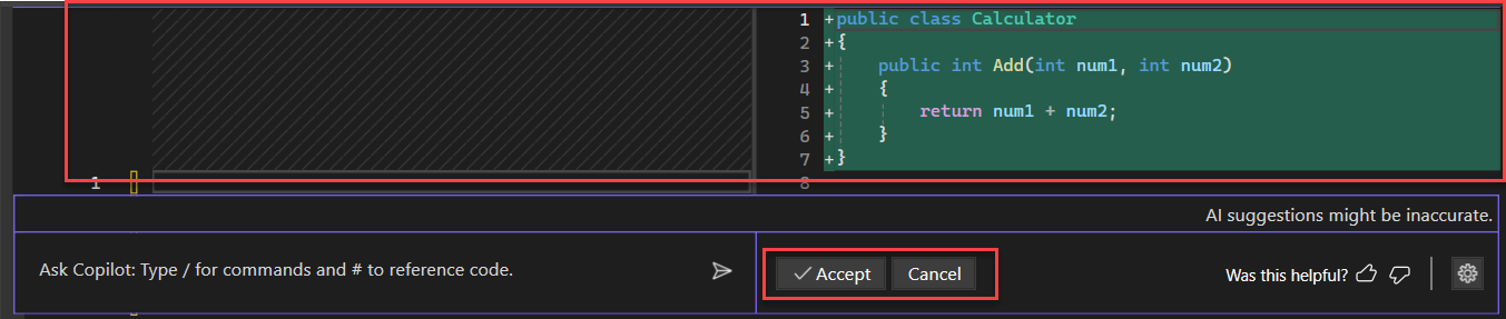 Screenshot of code suggestions in diff view in the editor window.