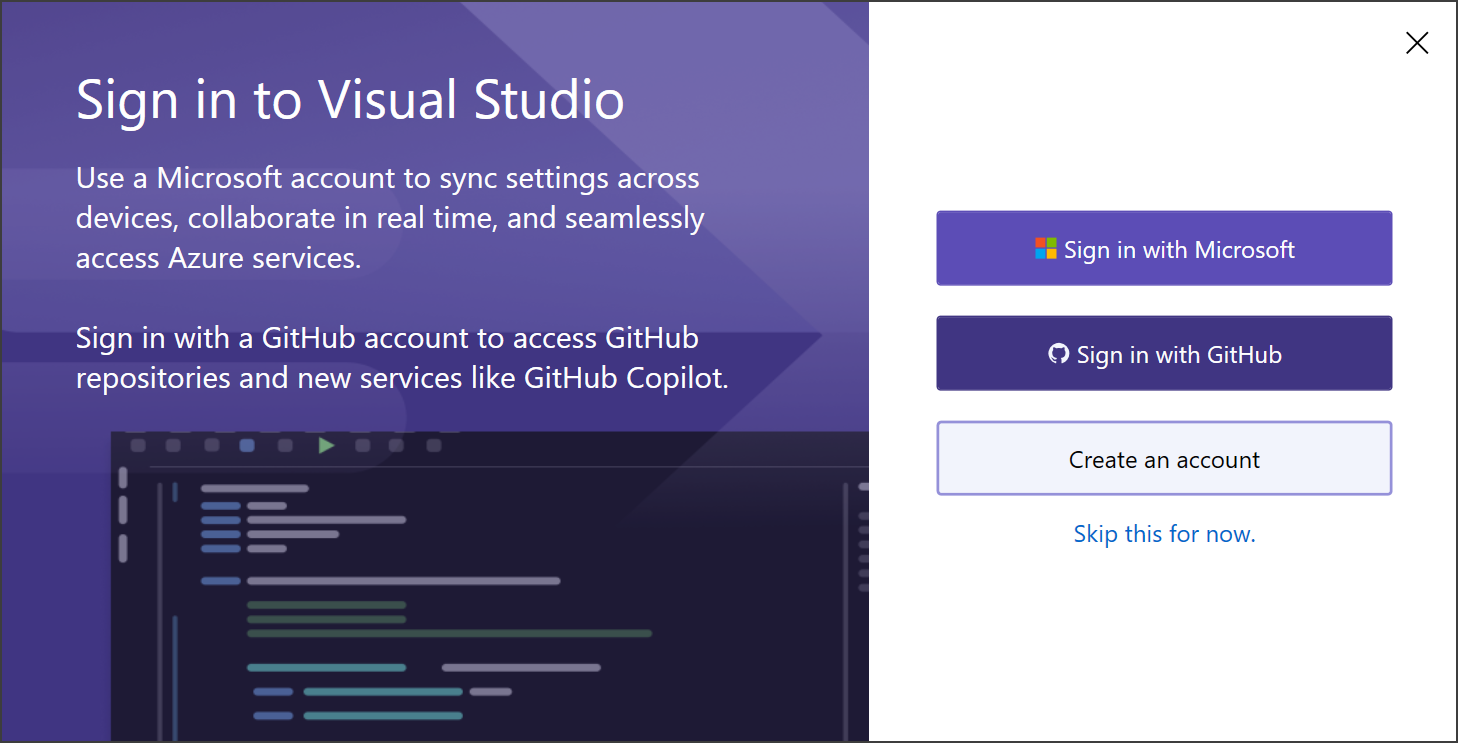 Képernyőkép a Visual Studio IDE bejelentkezési párbeszédpaneljének első indításáról.