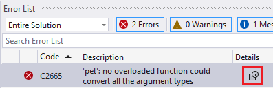 Képernyőkép a Visual Studio hibalistájáról egy bejegyzéssel, amelynek a részletek oszlopában egy ikon látható.