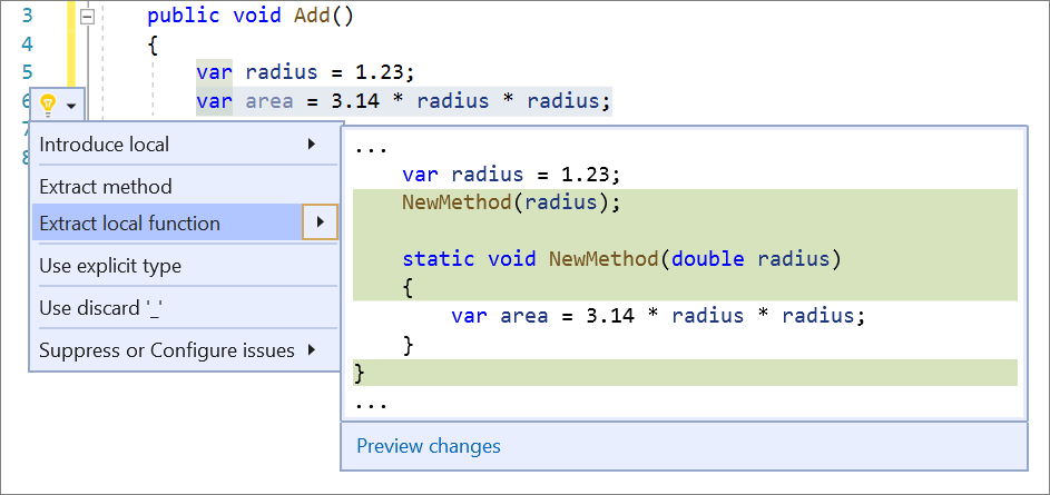 A Visual Studio kódablak képernyőképe, kiemelt vonallal. A Gyorsműveletek és újrabontások menü meg van nyitva, és a Helyi függvény kinyerése lehetőség van kiválasztva.