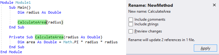 A fő rész Visual Basic kódjának képernyőképe. A metódus neve ki van emelve, és az Átnevezés előugró ablak open.