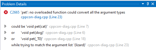 Képernyőkép a Visual Studio Probléma részletei ablakáról, amelyen az összes gyermek össze van csukva.