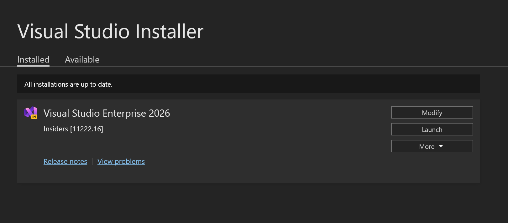 Képernyőkép a Visual Studio telepítéseinek listájáról a Visual Studio Installerben.