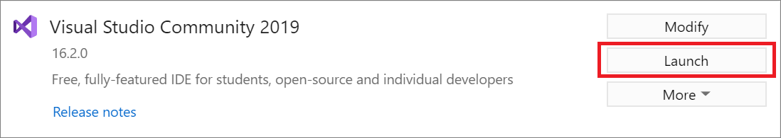 Screenshot showing the Launch button in the Visual Studio installer that can be used to start Visual Studio 2019.