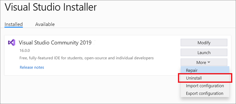 Screenshot shows the installed version of Visual Studio 2019 with Uninstall selected from the More menu.