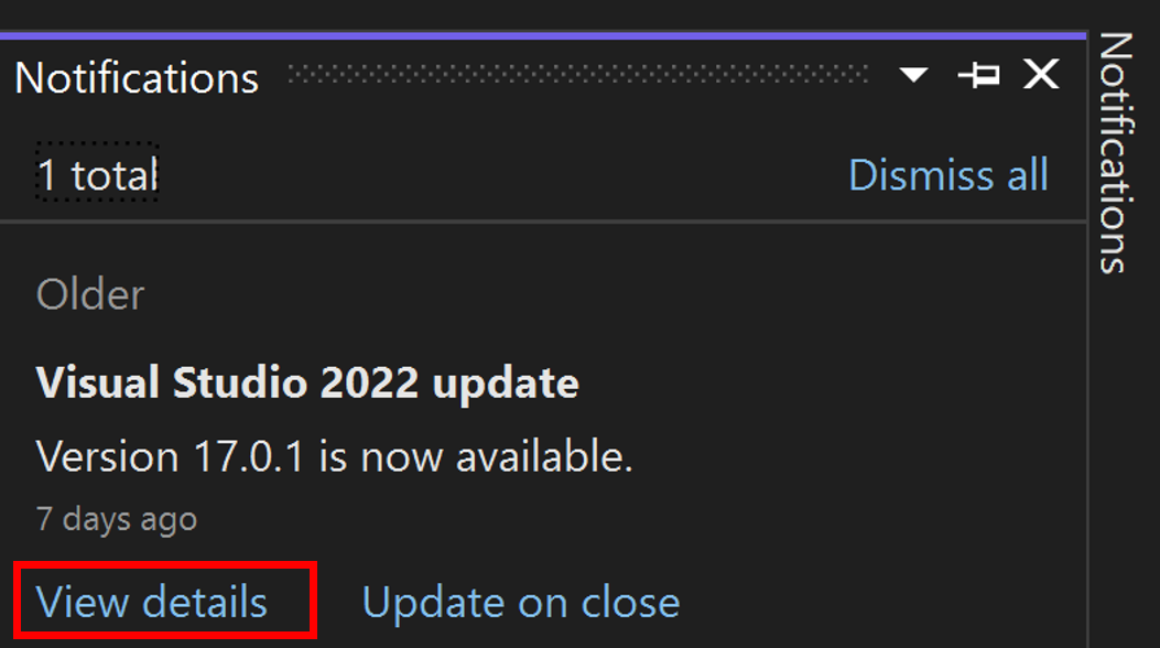 Képernyőkép az Értesítések központról a Visual Studio IDE-ben.
