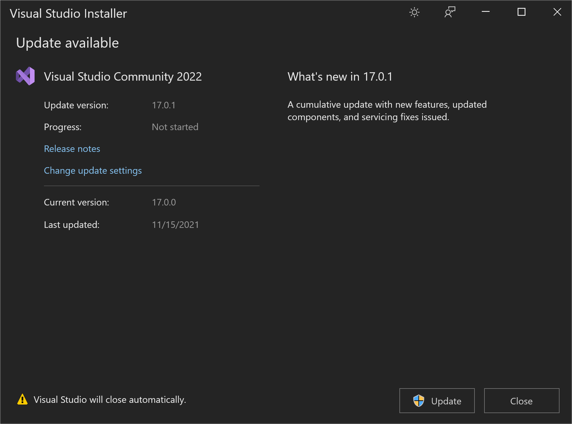 Képernyőkép a Visual Studio 2022 Frissítés gombjáról a 