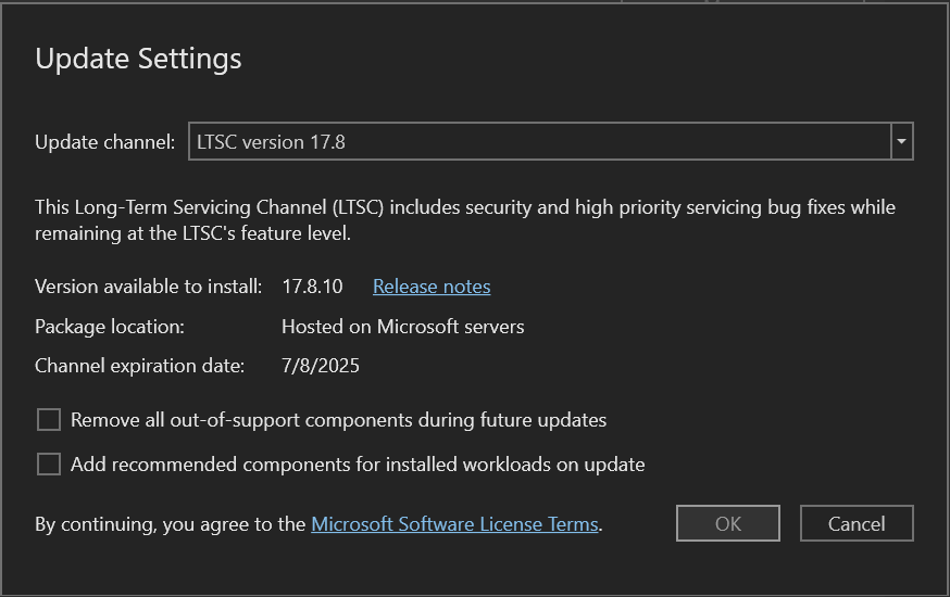 Képernyőkép a Visual Studio 2022 IDE Frissítések beállításai párbeszédpaneljén.